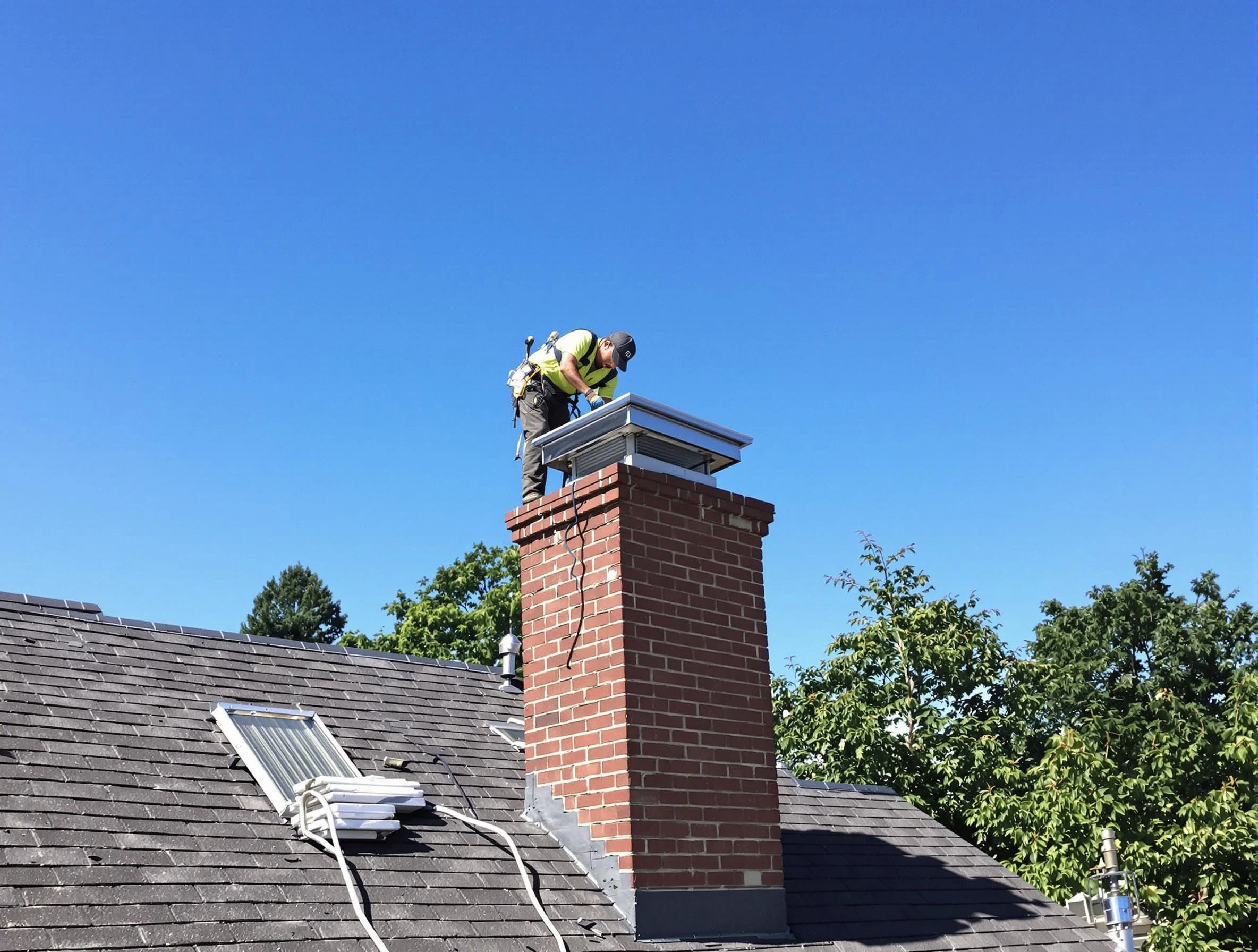 Pleasant Grove Chimney Sweep technician measuring a chimney cap in Pleasant Grove, AL